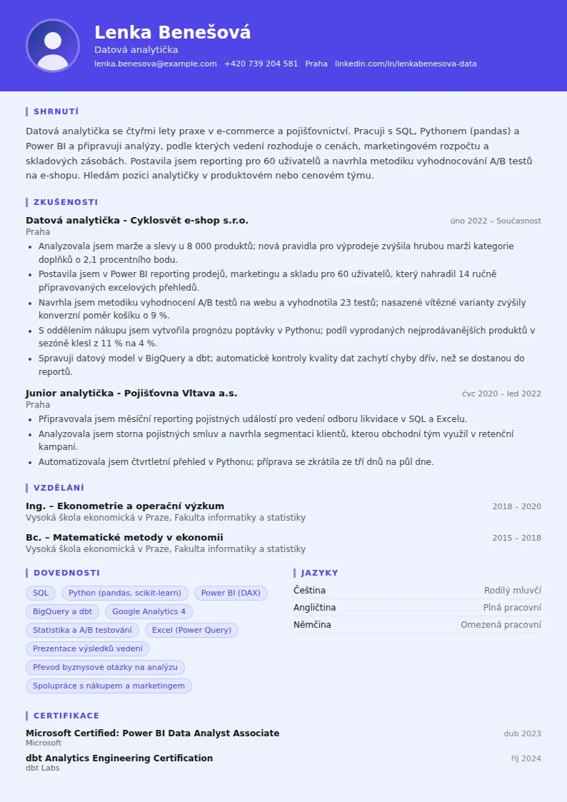 Životopis datového analytika – vzor