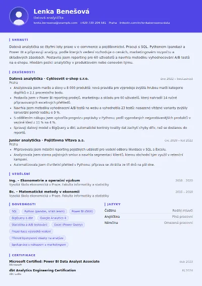 Životopis datového analytika – vzor