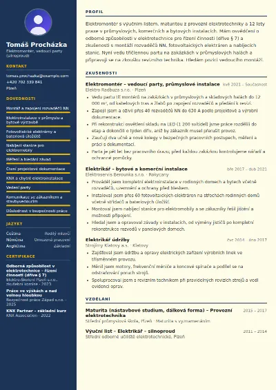 Životopis elektrikáře – vzor