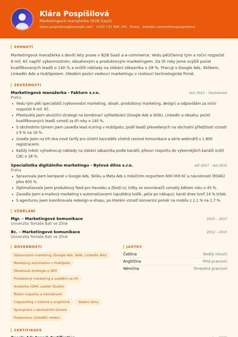 Životopis marketingového manažera – vzor