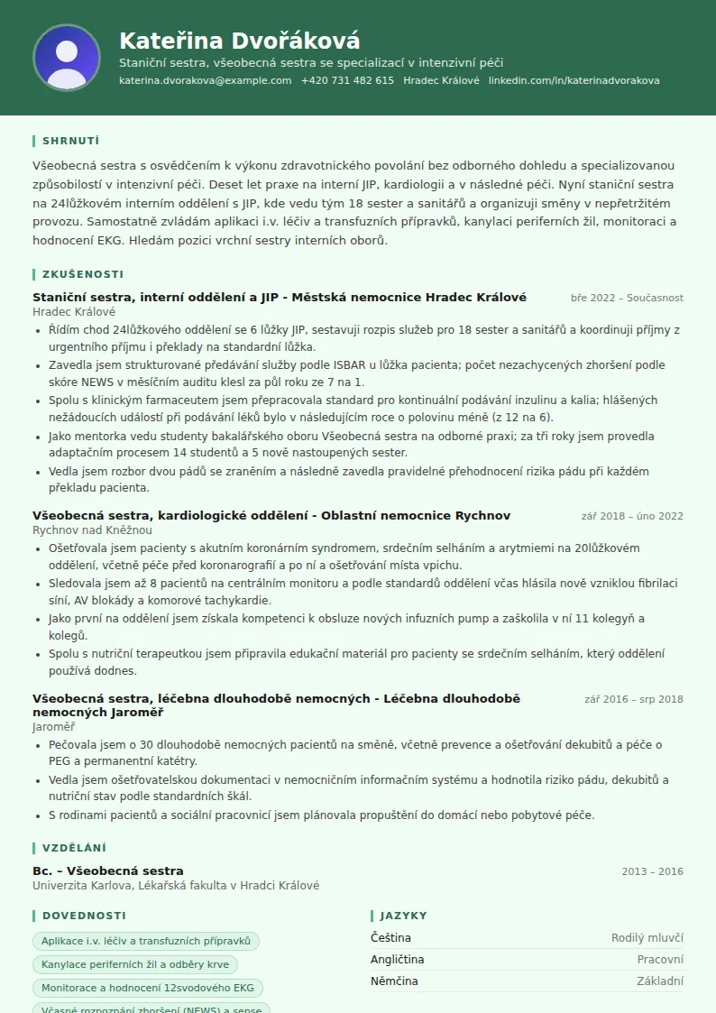 Životopis zdravotní sestry – vzor
