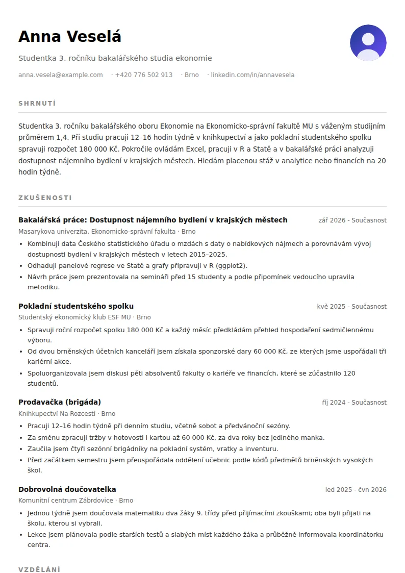 Životopis studenta bez praxe – vzor