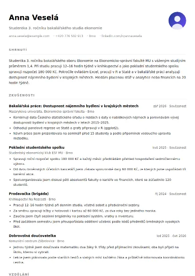 Životopis studenta bez praxe – vzor