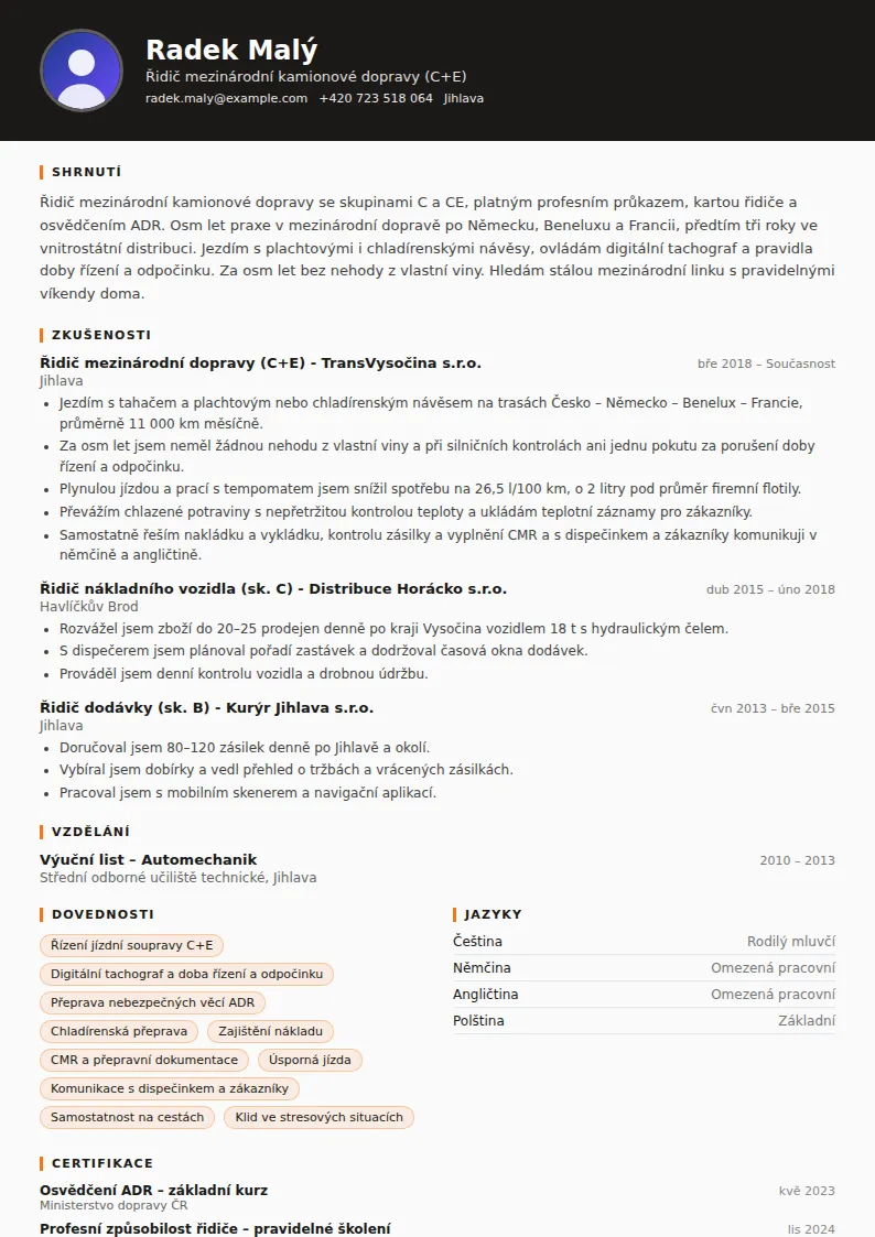 Životopis řidiče kamionu – vzor