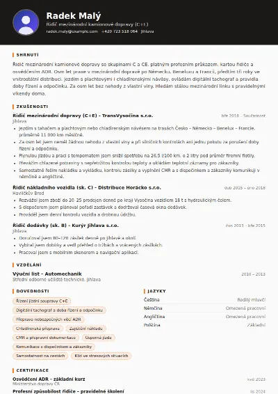 Životopis řidiče kamionu – vzor
