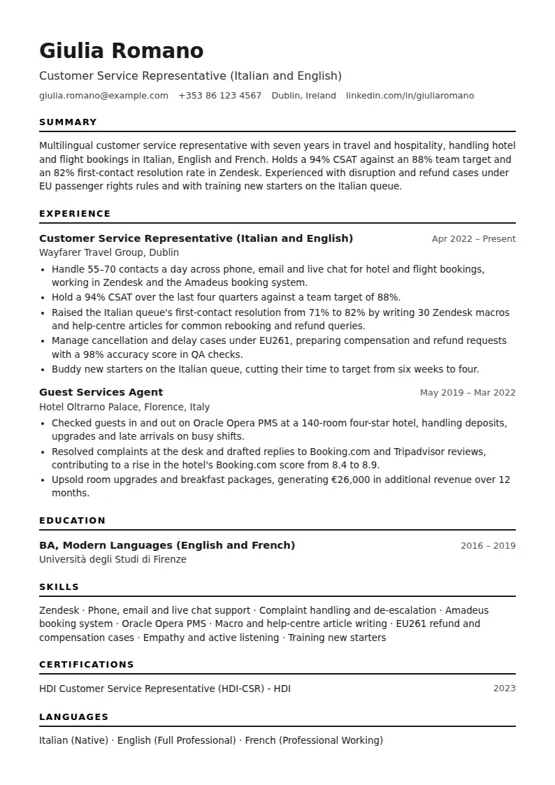 Customer Service CV Example