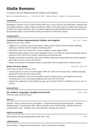 Customer Service CV Example