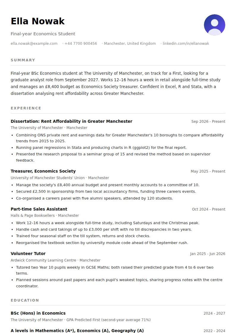 Student CV Example (No Experience)