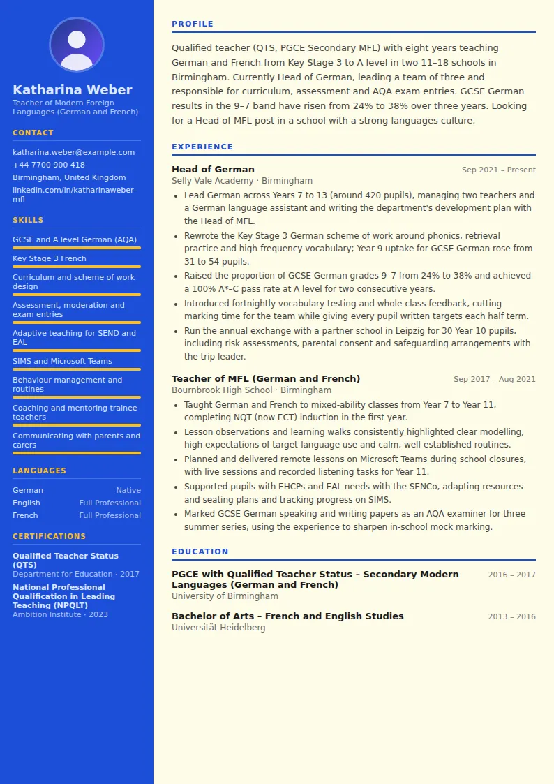 Teacher CV Example