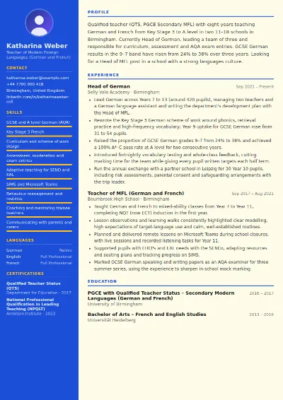Teacher CV Example