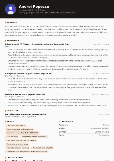 Truck Driver CV Example