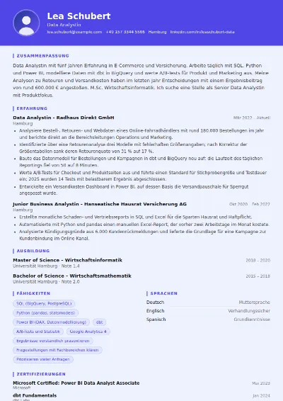 Lebenslauf Data Analyst – Muster
