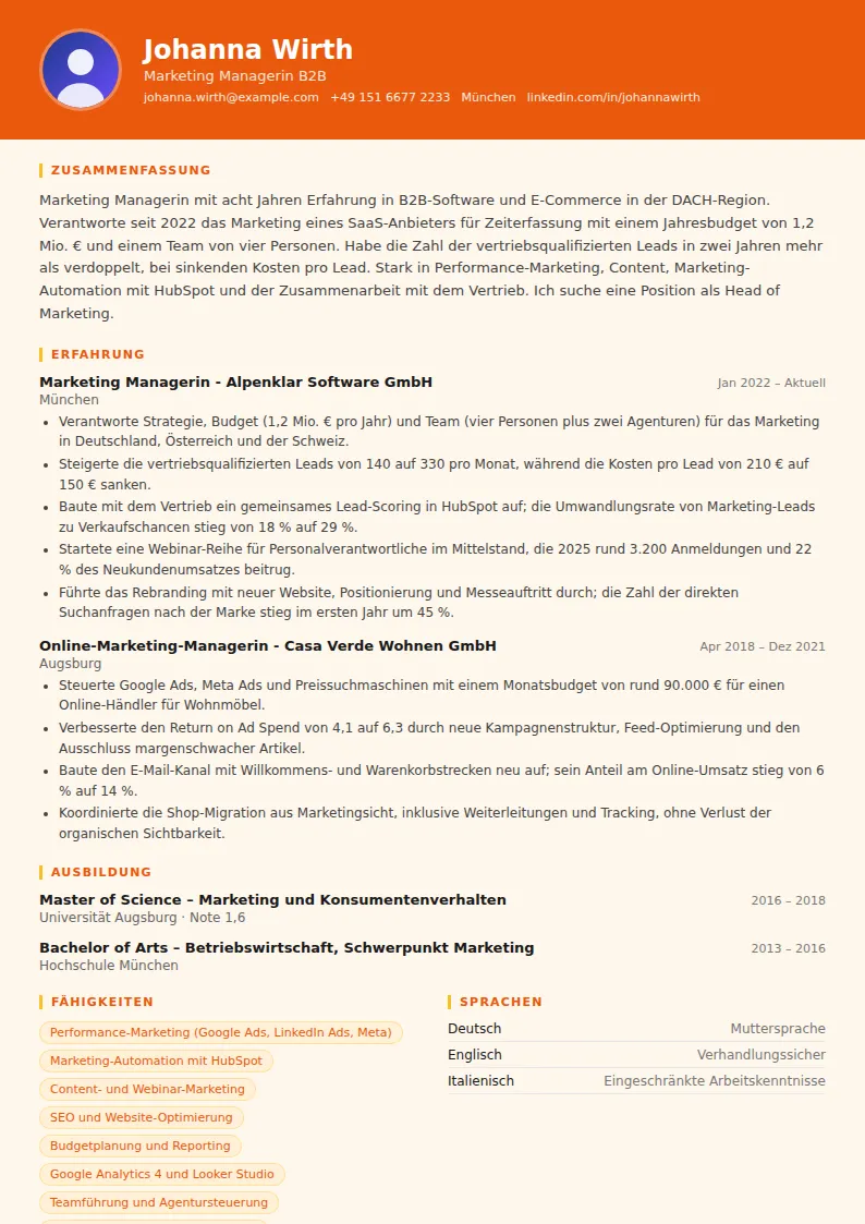 Lebenslauf Marketing Manager – Muster