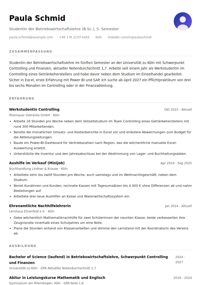 Lebenslauf Student ohne Berufserfahrung – Muster