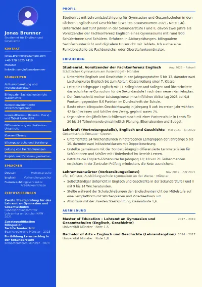 Lebenslauf Lehrer – Muster