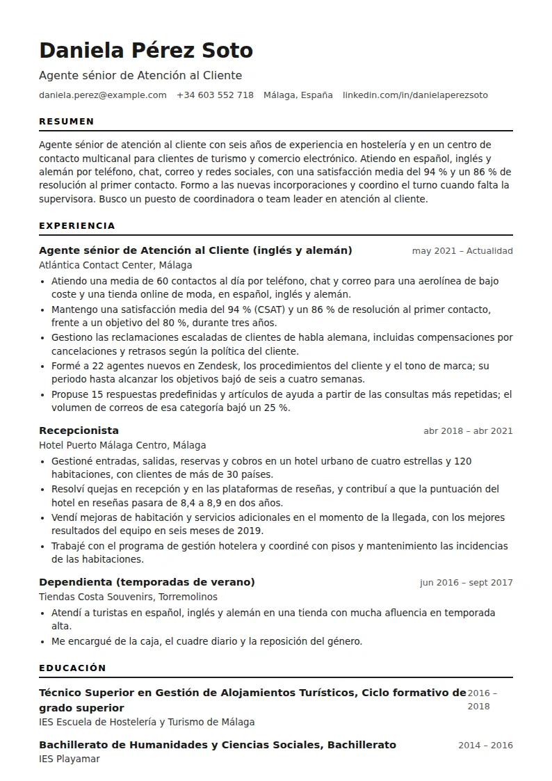 Ejemplo de currículum de atención al cliente
