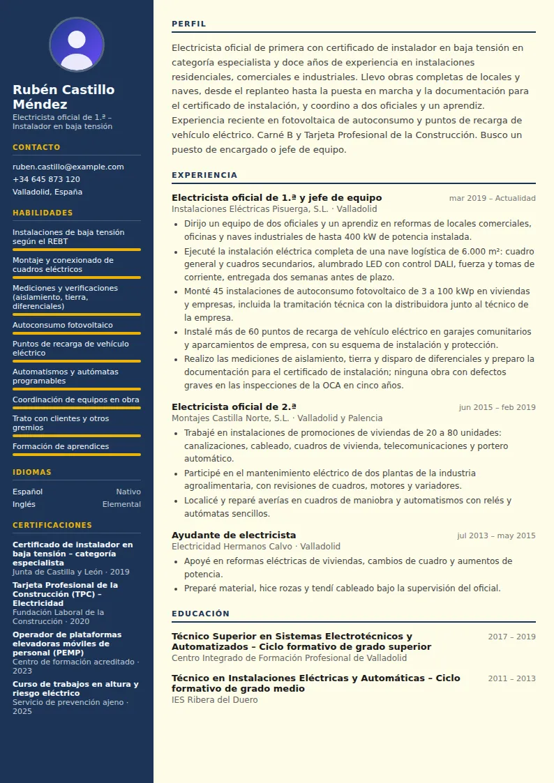 Ejemplo de currículum de electricista