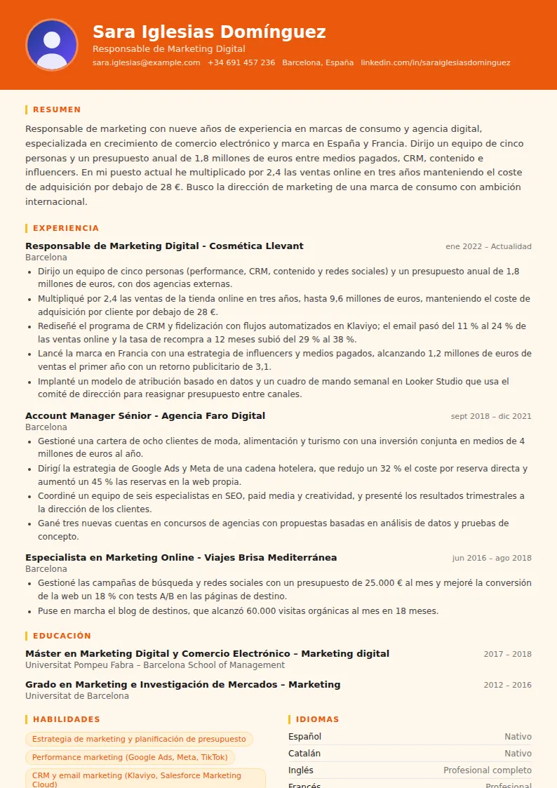 Ejemplo de currículum de responsable de marketing