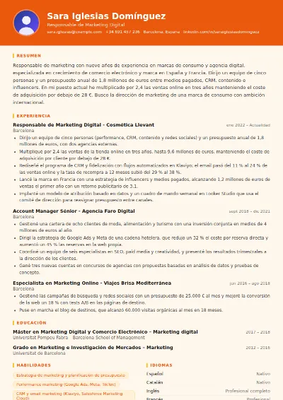 Ejemplo de currículum de responsable de marketing