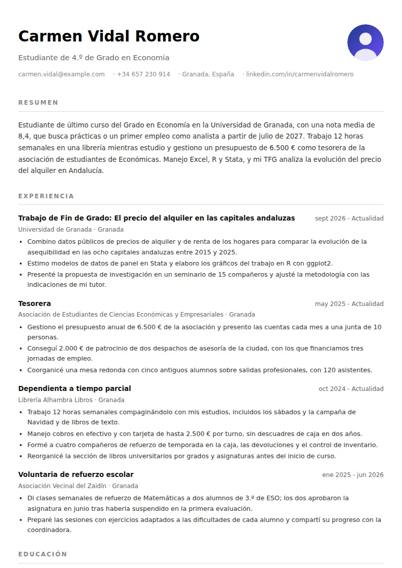 Ejemplo de currículum de estudiante sin experiencia