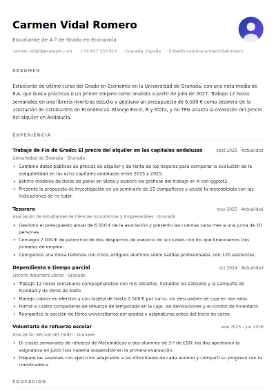 Ejemplo de currículum de estudiante sin experiencia