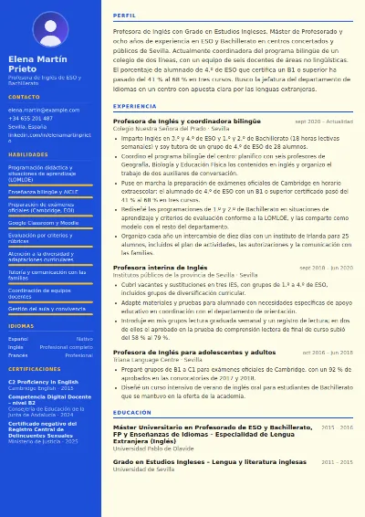 Ejemplo de currículum de profesor