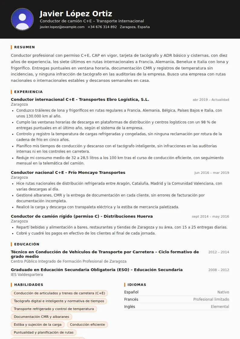 Ejemplo de currículum de camionero