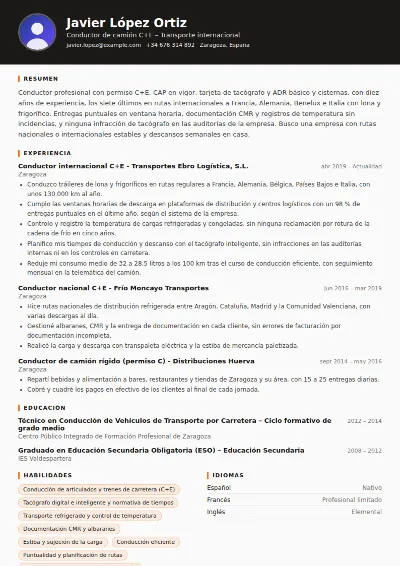 Ejemplo de currículum de camionero