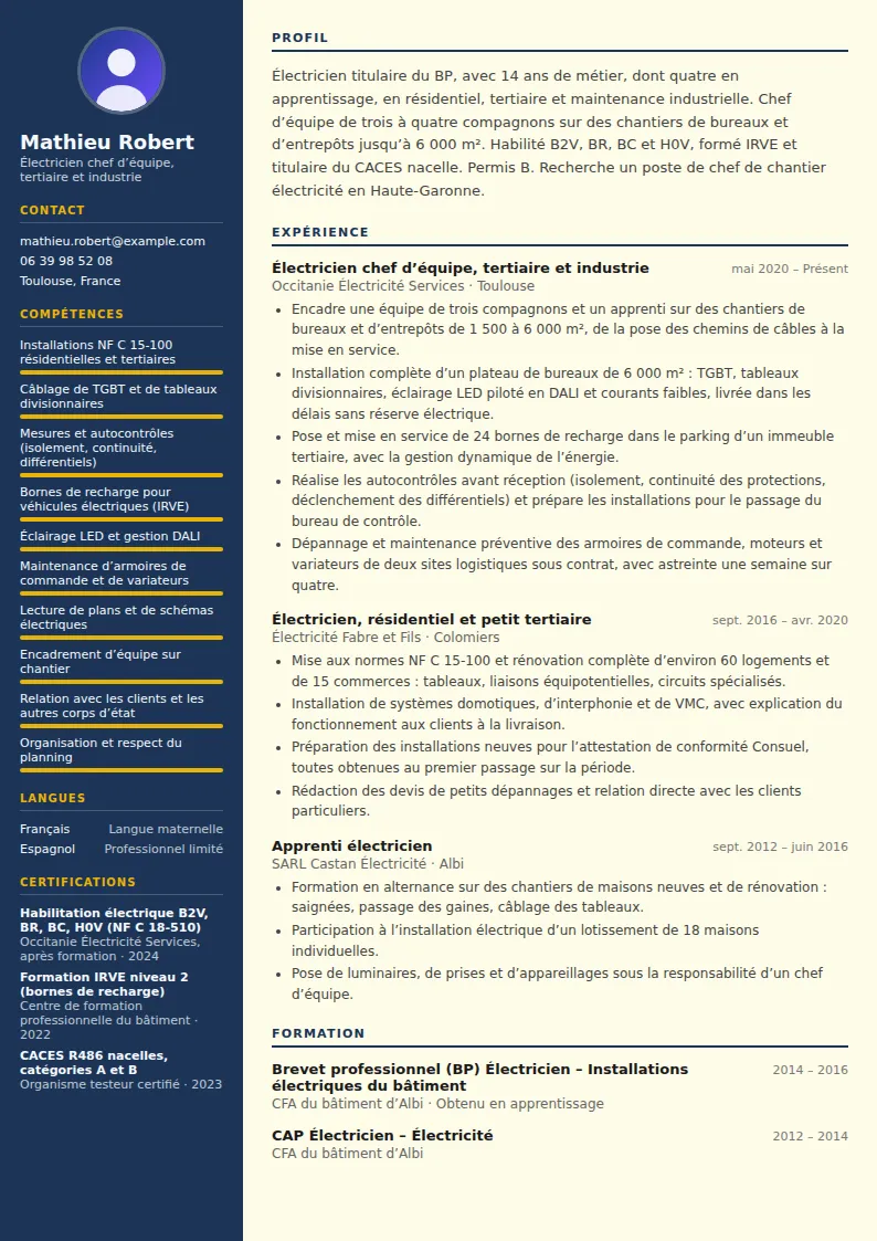Exemple de CV électricien