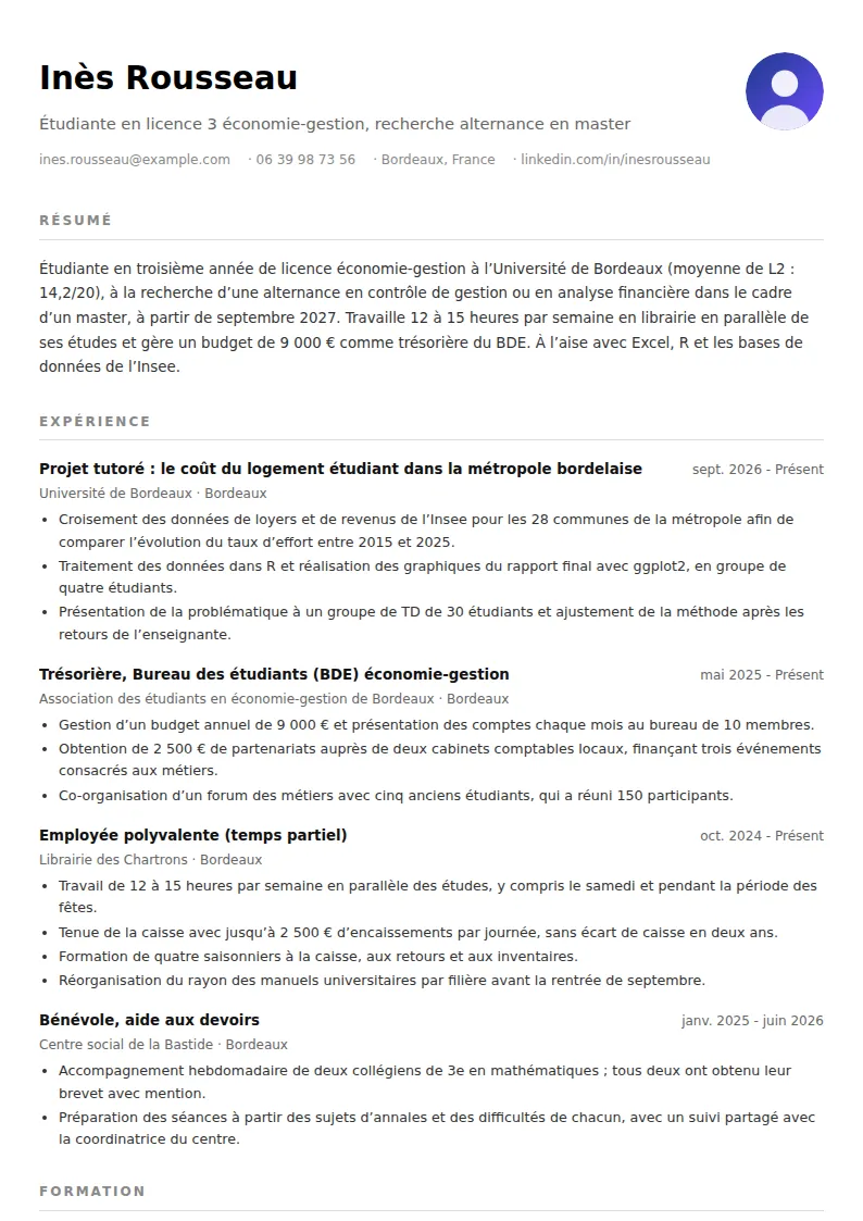 Exemple de CV étudiant (sans expérience)