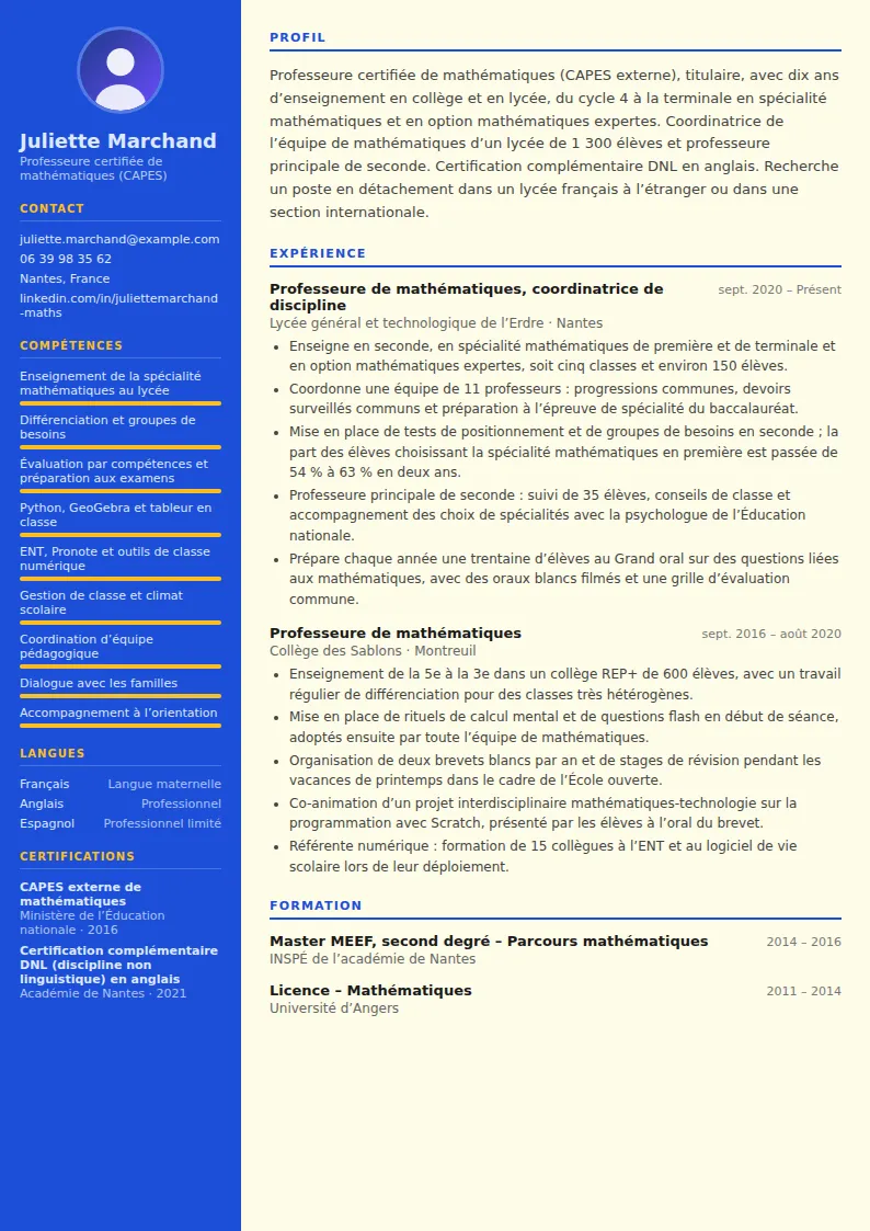 Exemple de CV enseignant