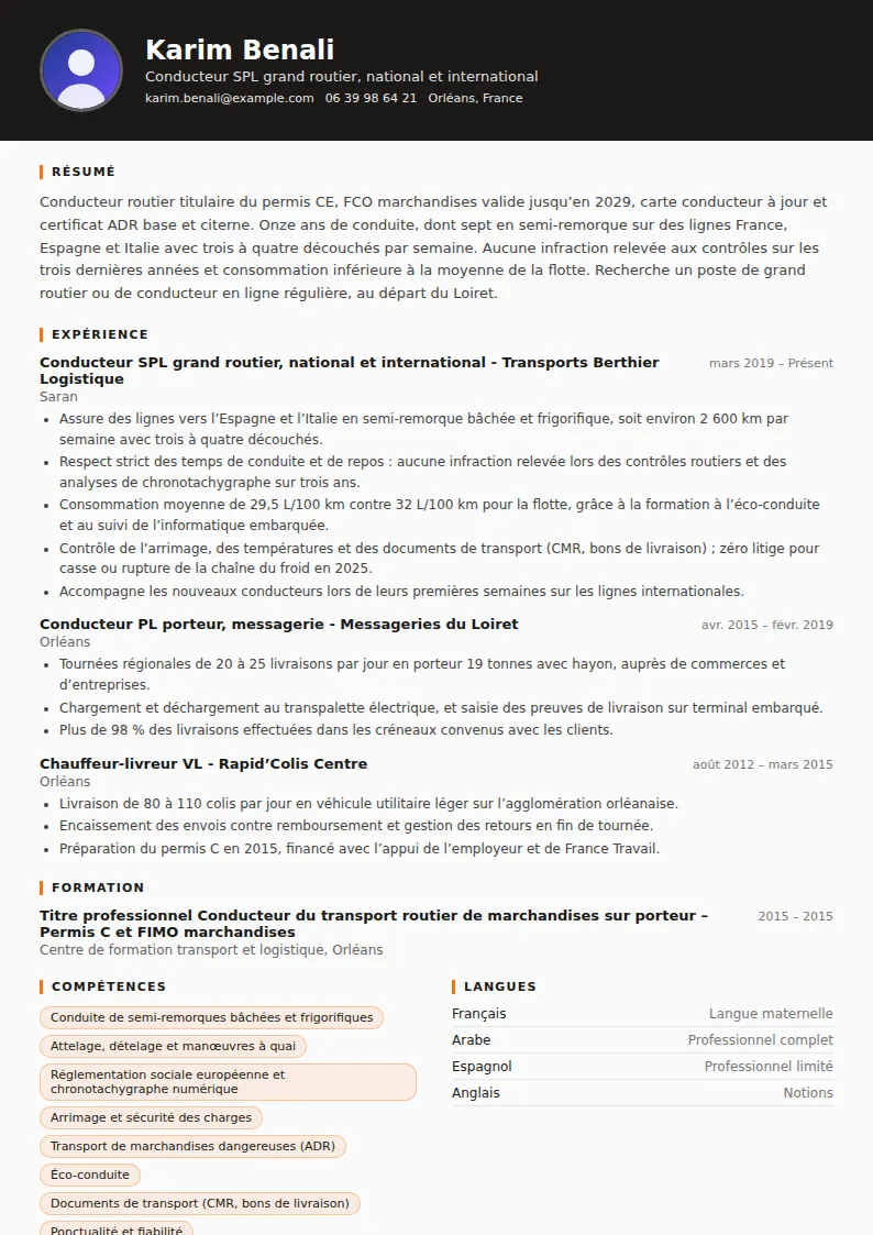 Exemple de CV chauffeur poids lourd