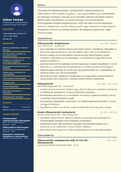 Villanyszerelő önéletrajz minta