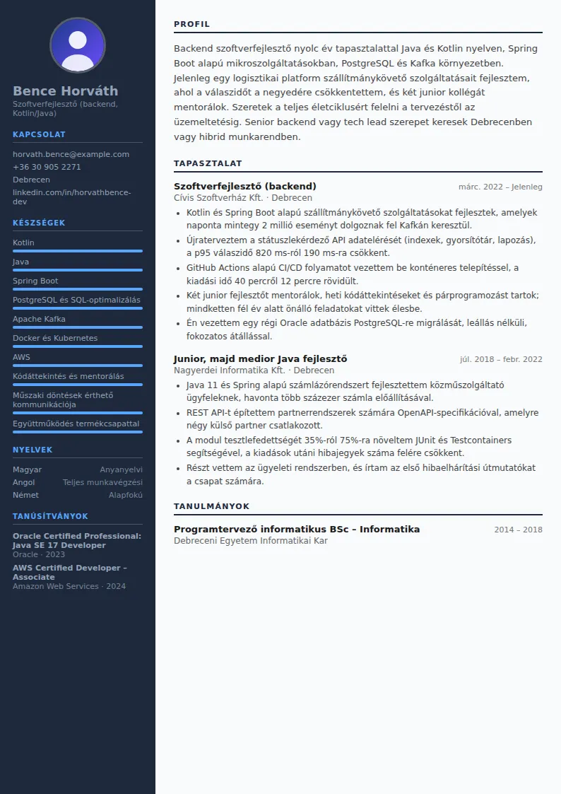 Szoftverfejlesztő önéletrajz minta