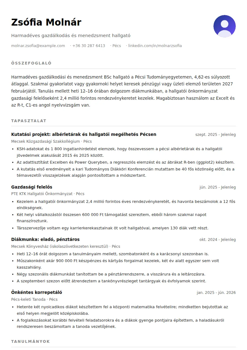 Diák önéletrajz minta (tapasztalat nélkül)