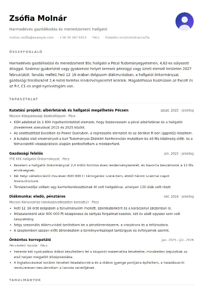 Diák önéletrajz minta (tapasztalat nélkül)
