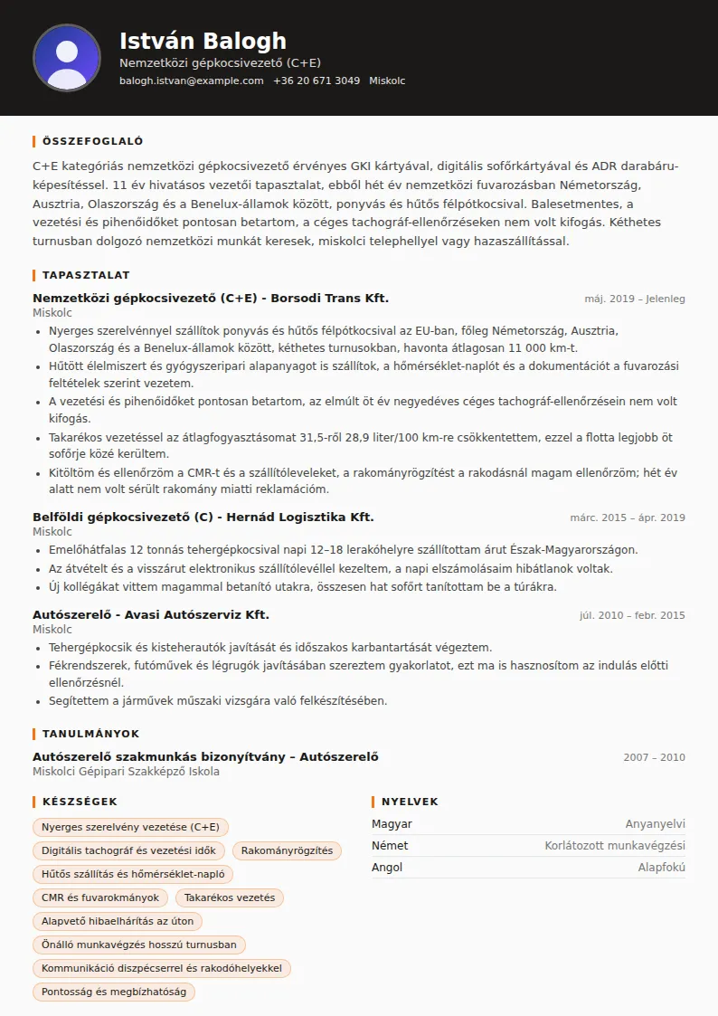 Kamionsofőr önéletrajz minta