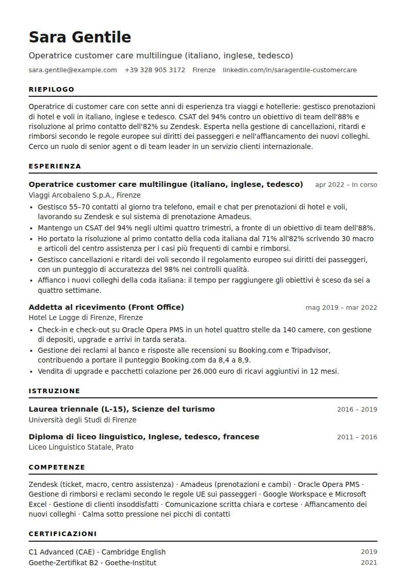 Esempio di curriculum per customer care
