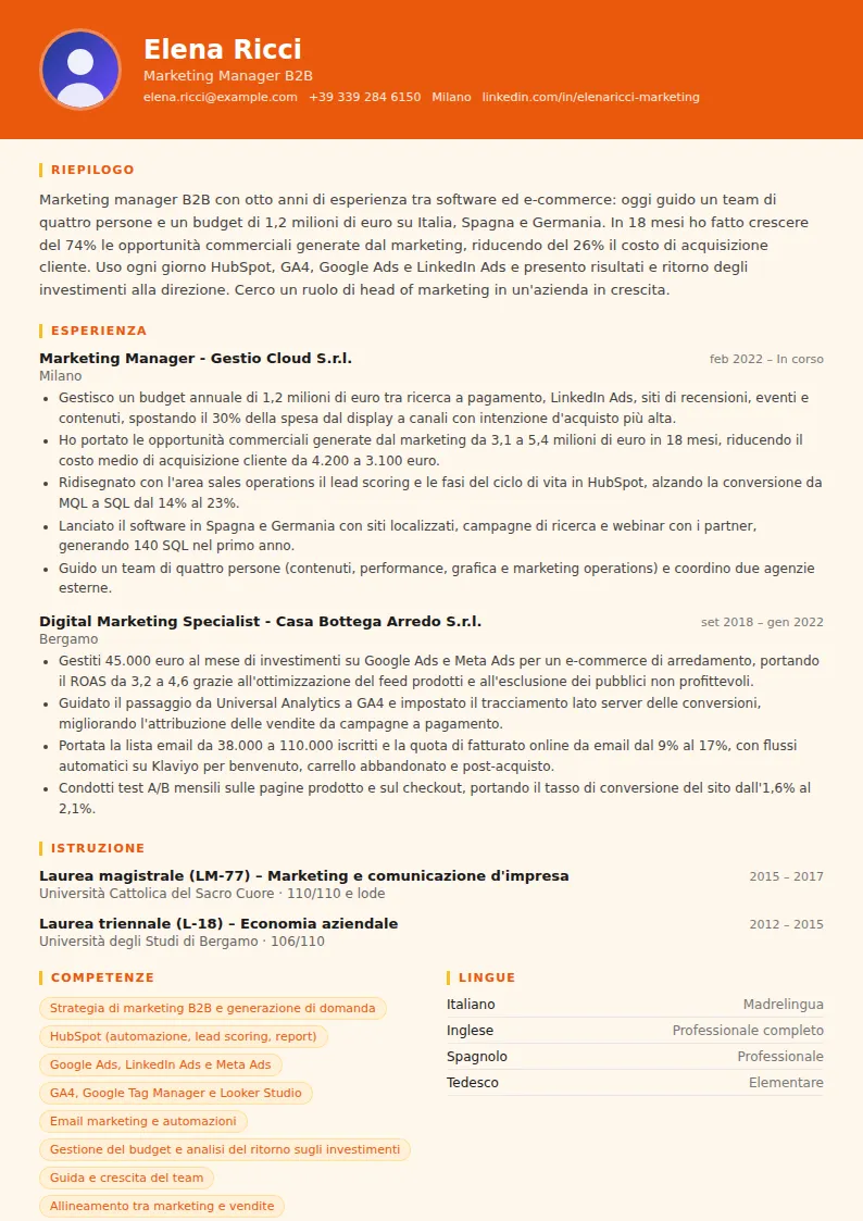 Esempio di curriculum per marketing manager