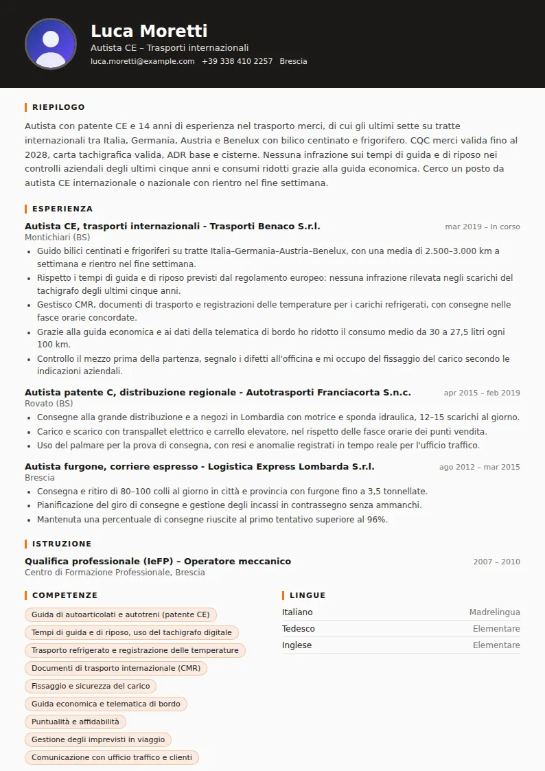 Esempio di curriculum per autista di camion
