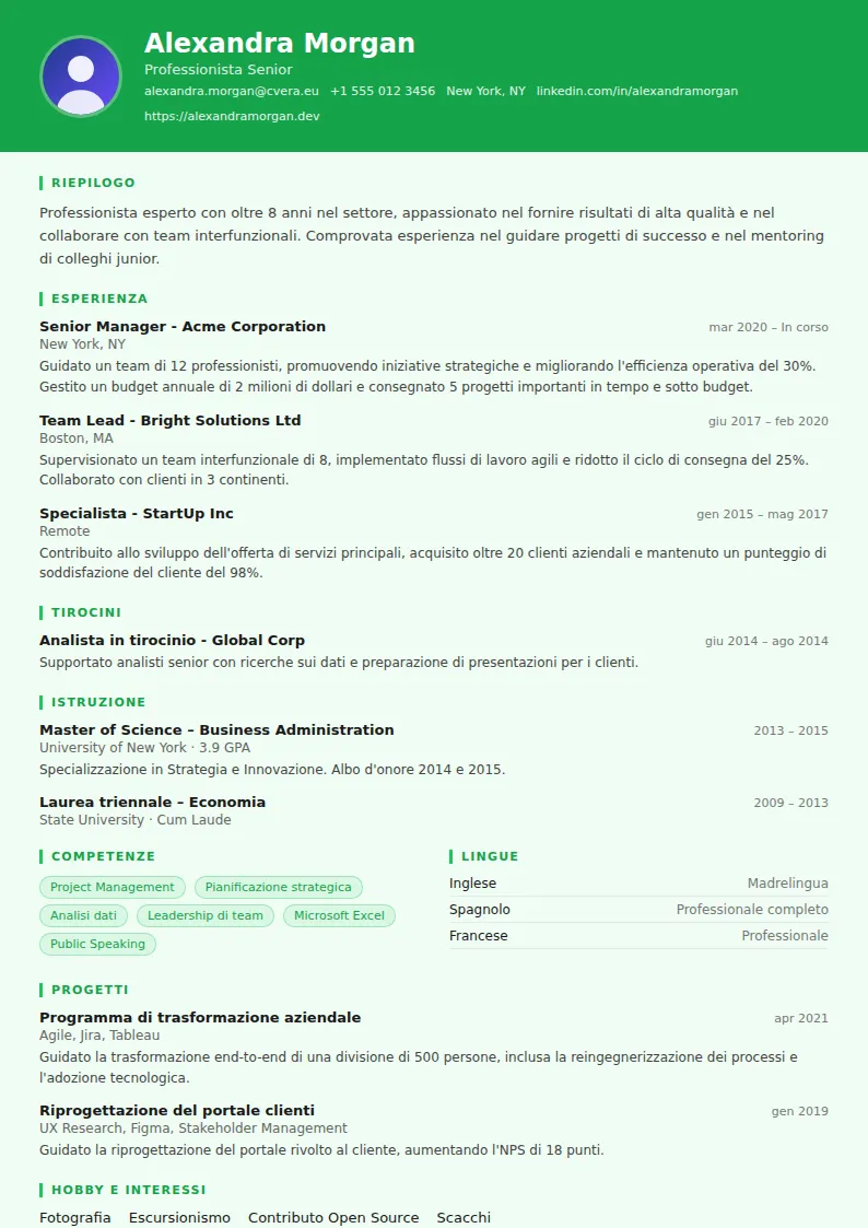 Modello di CV Athlete