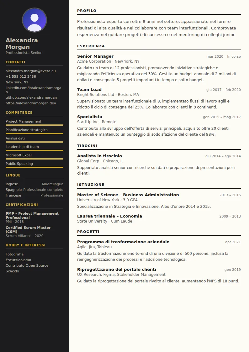Modello di CV Hotel Manager