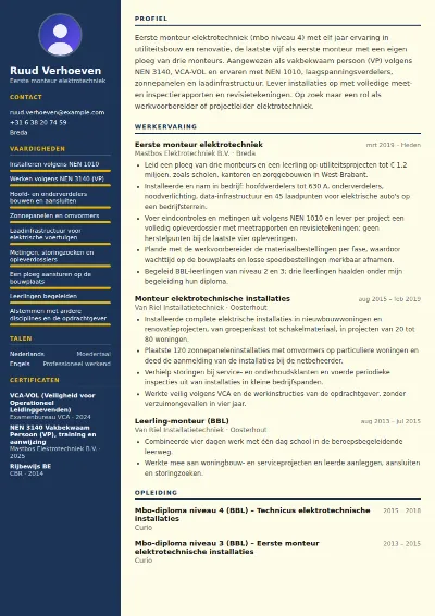 Cv-voorbeeld elektricien (elektromonteur)