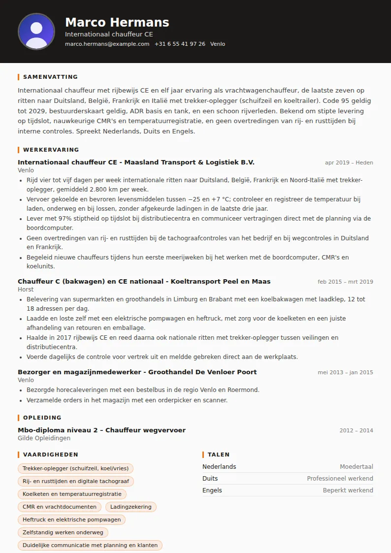 Cv-voorbeeld vrachtwagenchauffeur