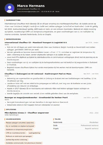 Cv-voorbeeld vrachtwagenchauffeur