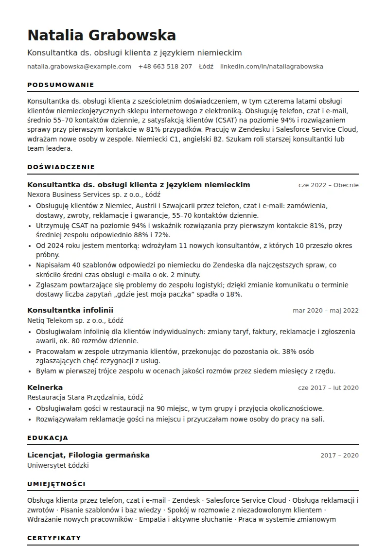 Przykład CV konsultanta ds. obsługi klienta