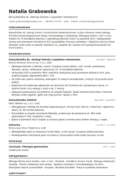 Przykład CV konsultanta ds. obsługi klienta