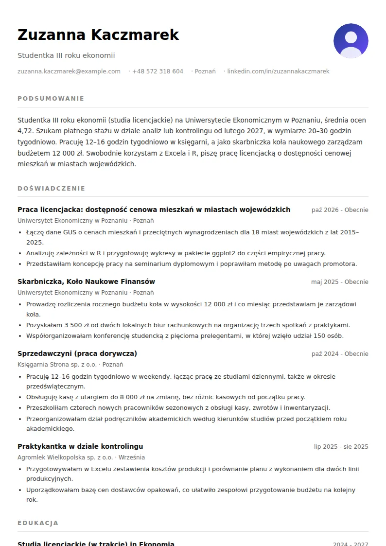 Przykład CV studenta bez doświadczenia