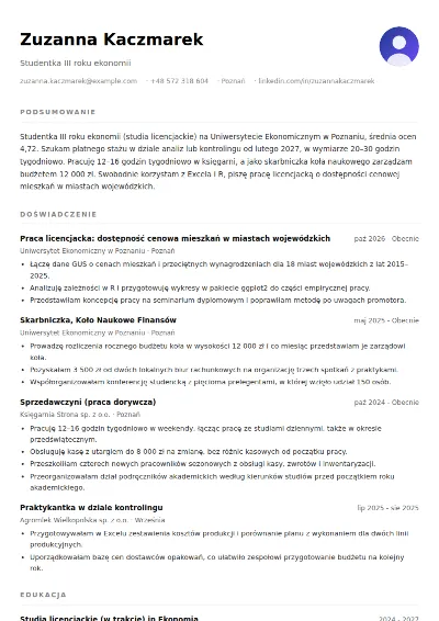 Przykład CV studenta bez doświadczenia