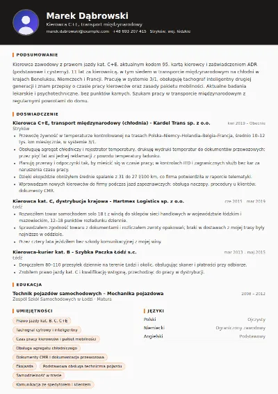 Przykład CV kierowcy C+E